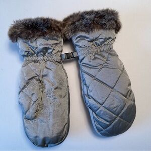 Quilted Gray Eddie Bauer Down Mittens with Faux Fur Trim